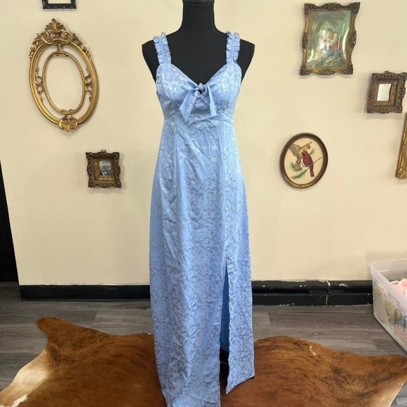 Show Me Your MuMu Dresses & Skirts - Show Me Your Mumu Blue Floral Dress with Ruffle Straps & Front Slit